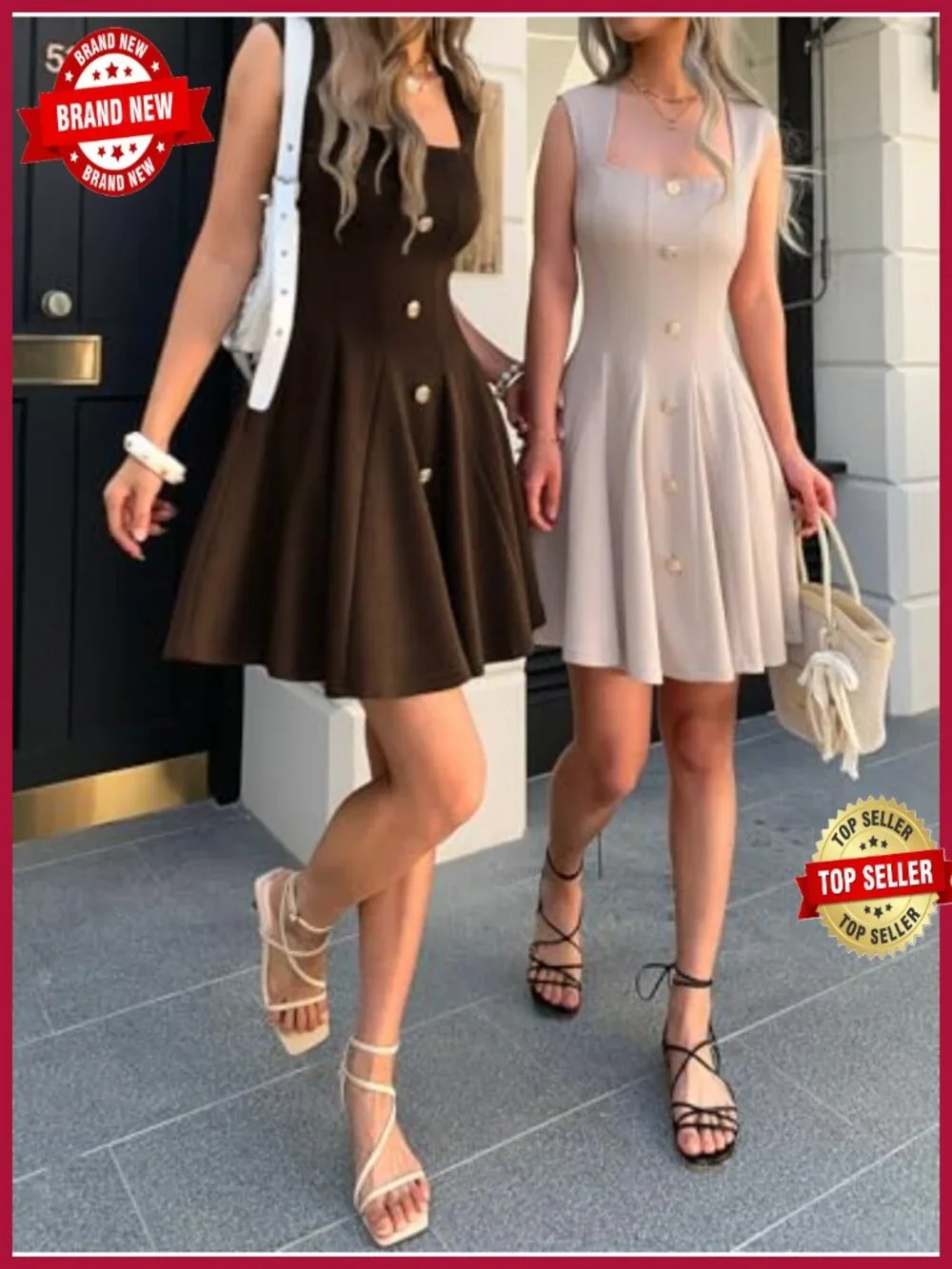 Women Sleeveless Square Neck Flowy A Line Mini Dress with Pockets